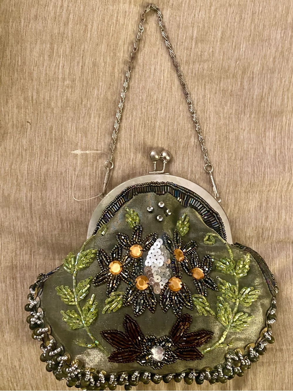 For Renewredo - Vintage Beaded Floral Kisslock Evening Bag Olive Green | 2 chain - Picture 3 of 10